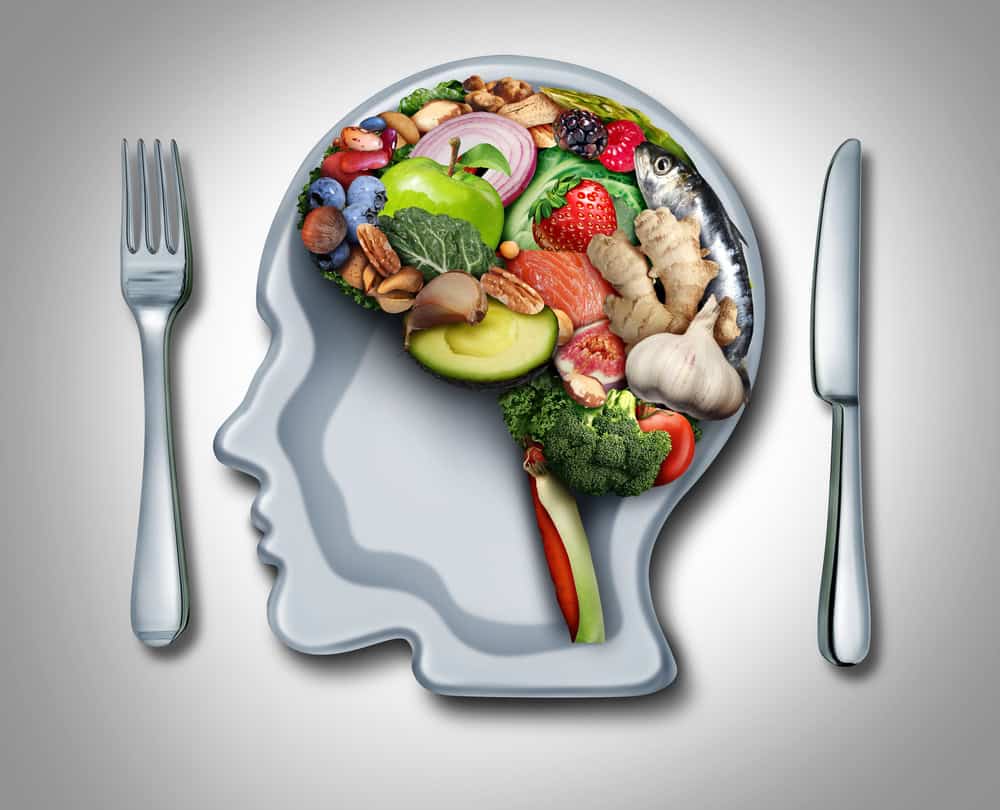 A plate in the shape of a human head filled with healthy foods, flanked by a fork and knife, symbolizing brain food or the concept of eating for improved brain power.